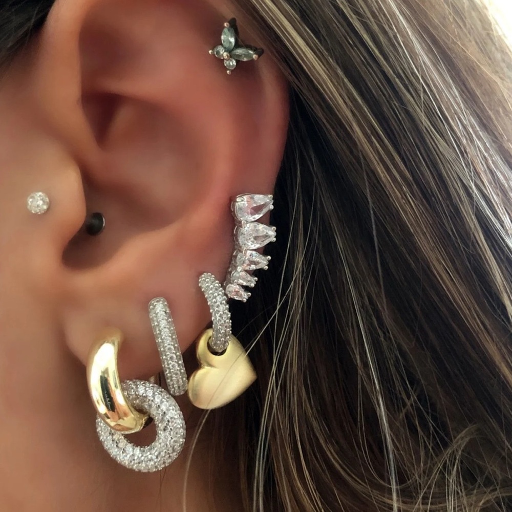 Gold & Silver Thick Hoop Earrings Cubic Zirconia Modern Design